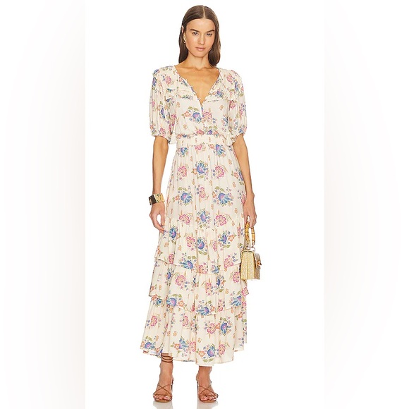 NWOT Spell | Soltice Tiered Ruffle Gown Size Large Floral Cream Boho Smocking - Picture 4 of 13